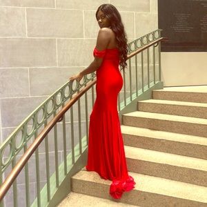 Flawless Red Slinky Bardot Fishtail Maxi Dress